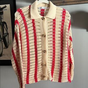 Zara Women's Cream and Red Knit Cardigan